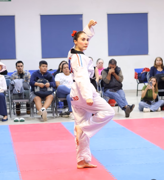 Sabonim Debanhi ejecutando forma Taekwondo Cumbres